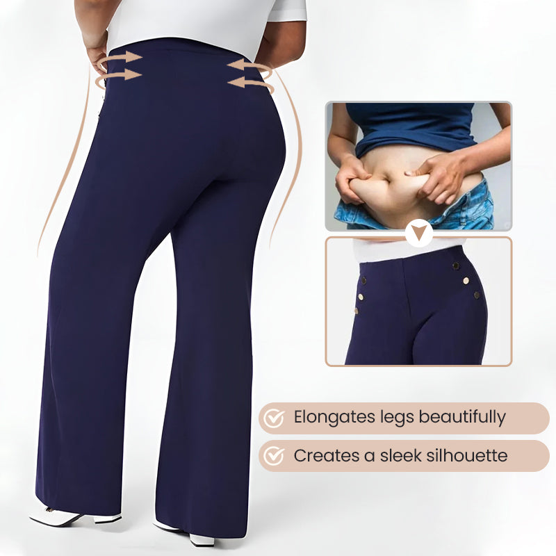High-Stretch Wide-Leg Pants with Tummy Control Button Closure