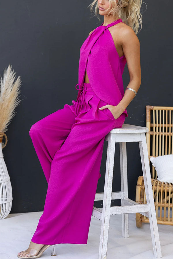 Linnen Blend Slit Front Top and High Rise Knoted Pocket Wide Leg Pants Set