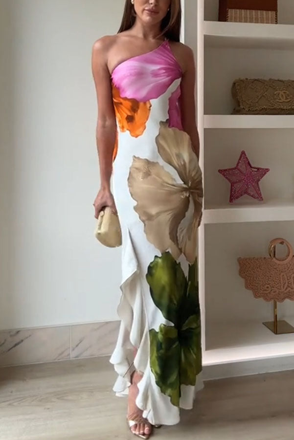 Love Filled Floral Print One Shoulder Dress