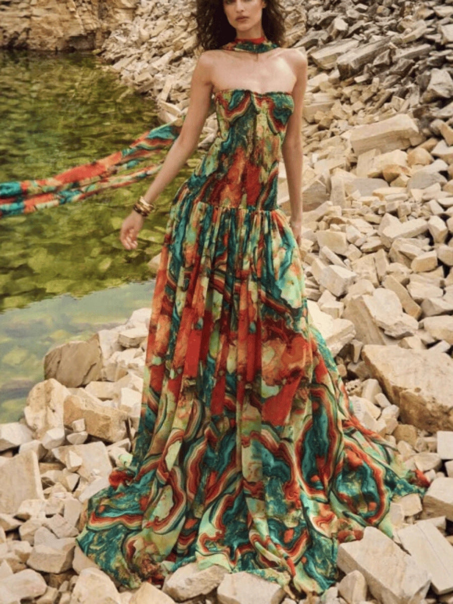 Colorful Lava Print Off Shoulder Smocked Scarf Maxi Dress