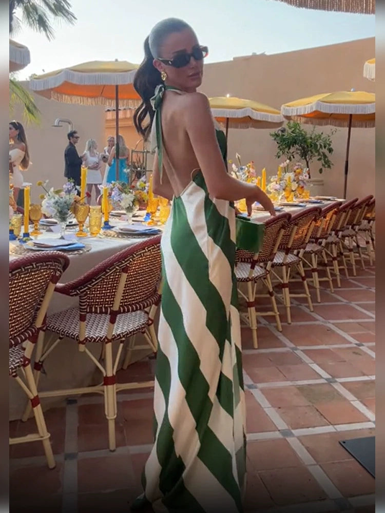 Floating Stripe Print Halter Tie-up Backless Pocket Loose Maxi Dress