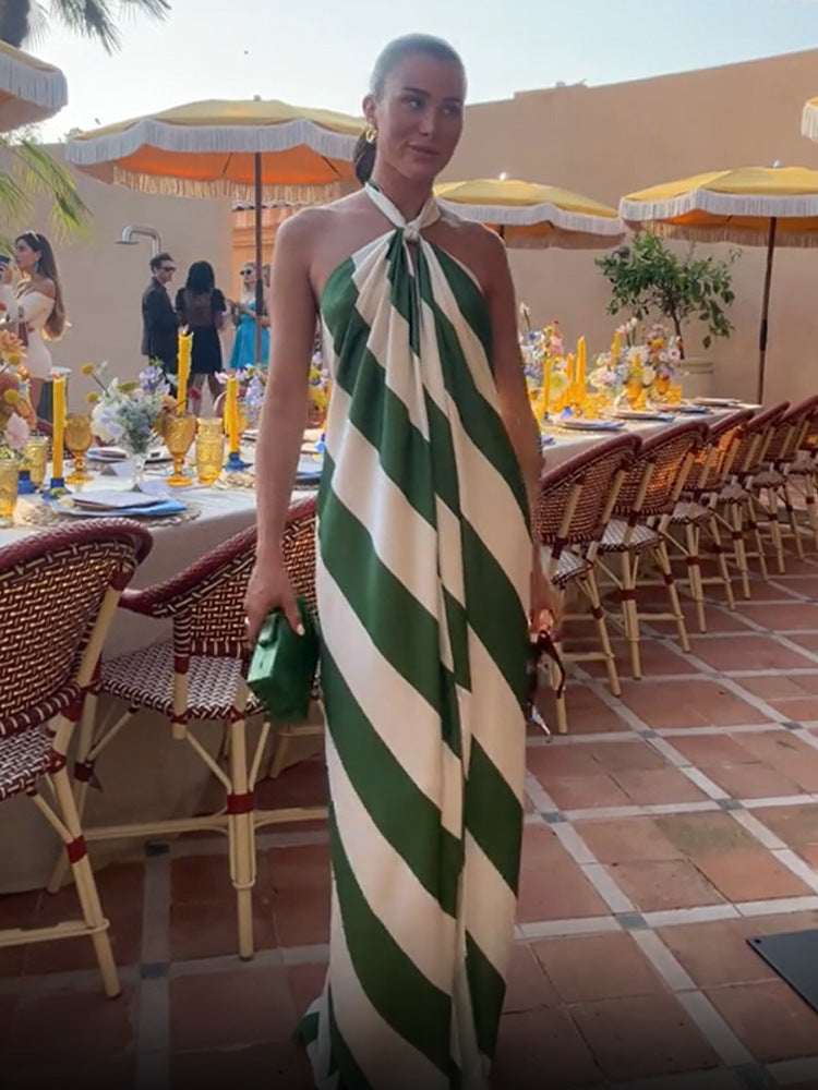 Floating Stripe Print Halter Tie-up Backless Pocket Loose Maxi Dress