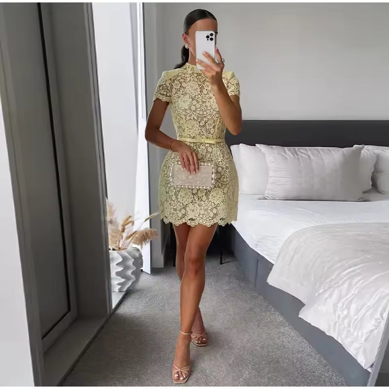 Champagne Toast Flower Lace Bow Belted Mini Dress