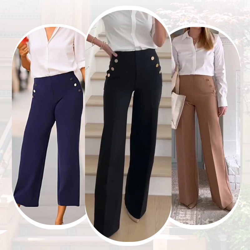 High-Stretch Wide-Leg Pants with Tummy Control Button Closure