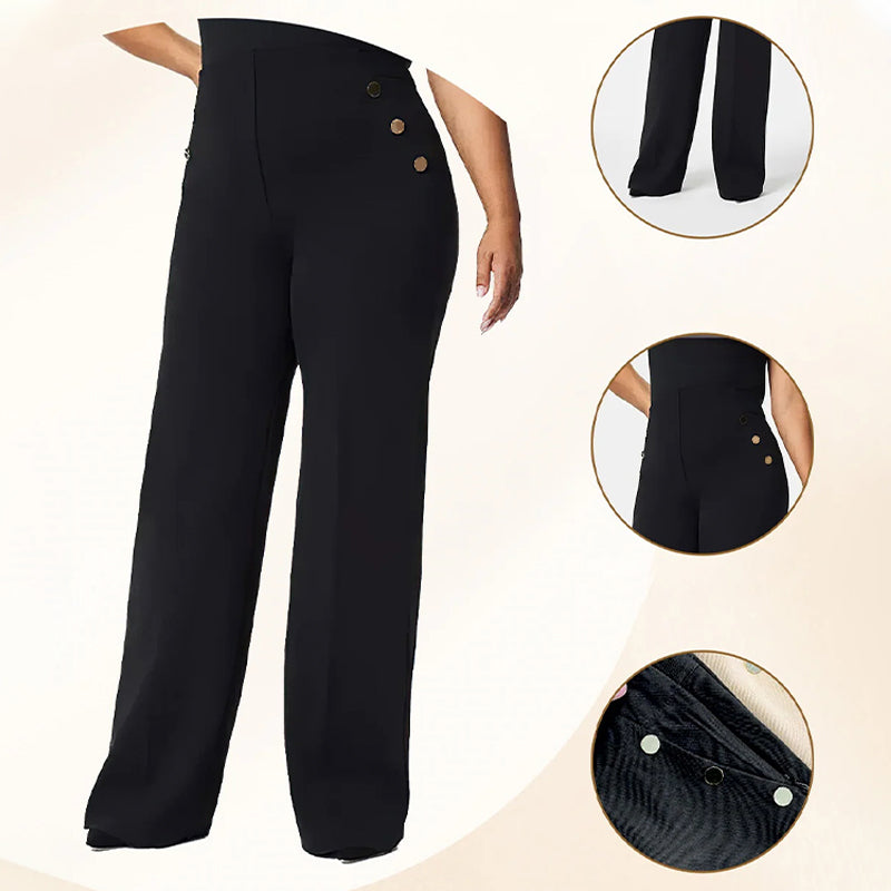 High-Stretch Wide-Leg Pants with Tummy Control Button Closure