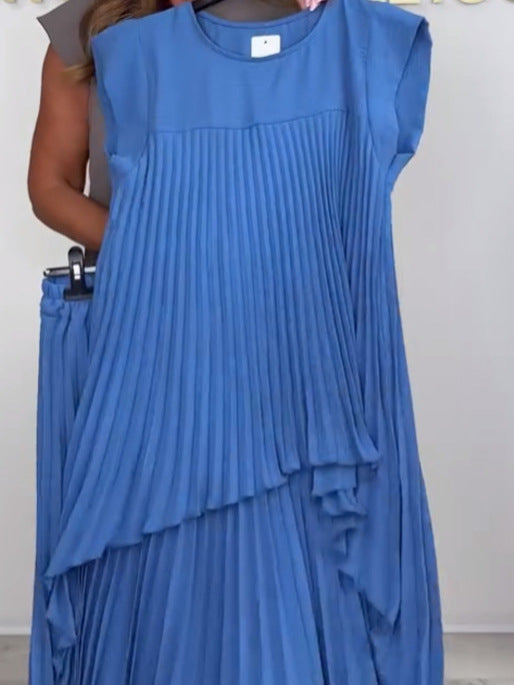 Laney Set: Pleated Short-Sleeve Asymmetrical Midi Top and Wide-Leg Pants with Elastic Waist
