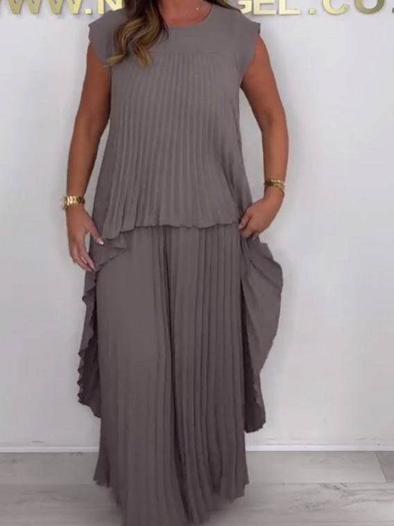 Laney Set: Pleated Short-Sleeve Asymmetrical Midi Top and Wide-Leg Pants with Elastic Waist