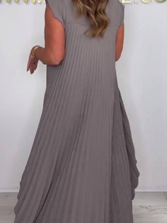 Laney Set: Pleated Short-Sleeve Asymmetrical Midi Top and Wide-Leg Pants with Elastic Waist