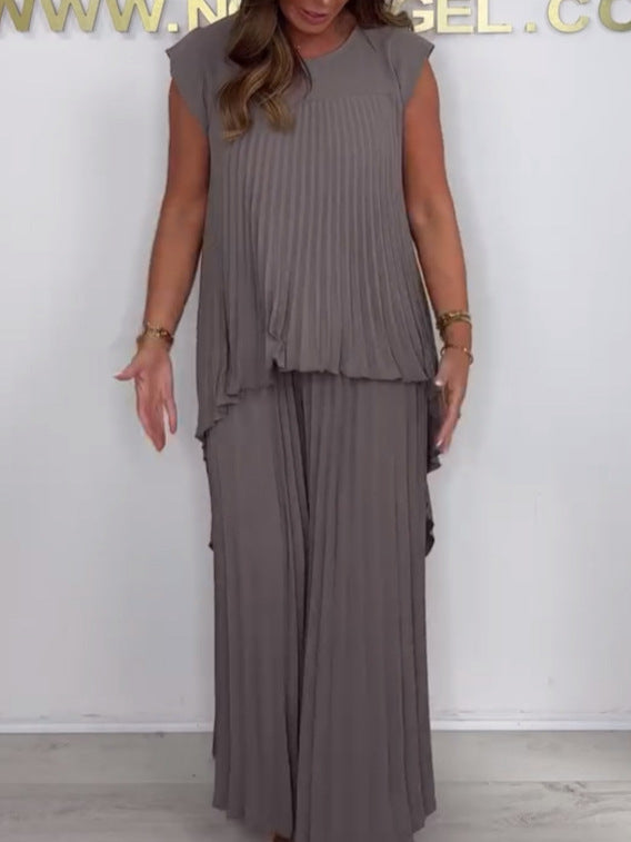 Laney Set: Pleated Short-Sleeve Asymmetrical Midi Top and Wide-Leg Pants with Elastic Waist