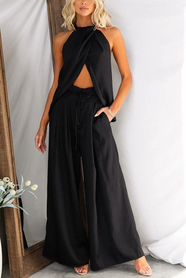 Linnen Blend Slit Front Top and High Rise Knoted Pocket Wide Leg Pants Set