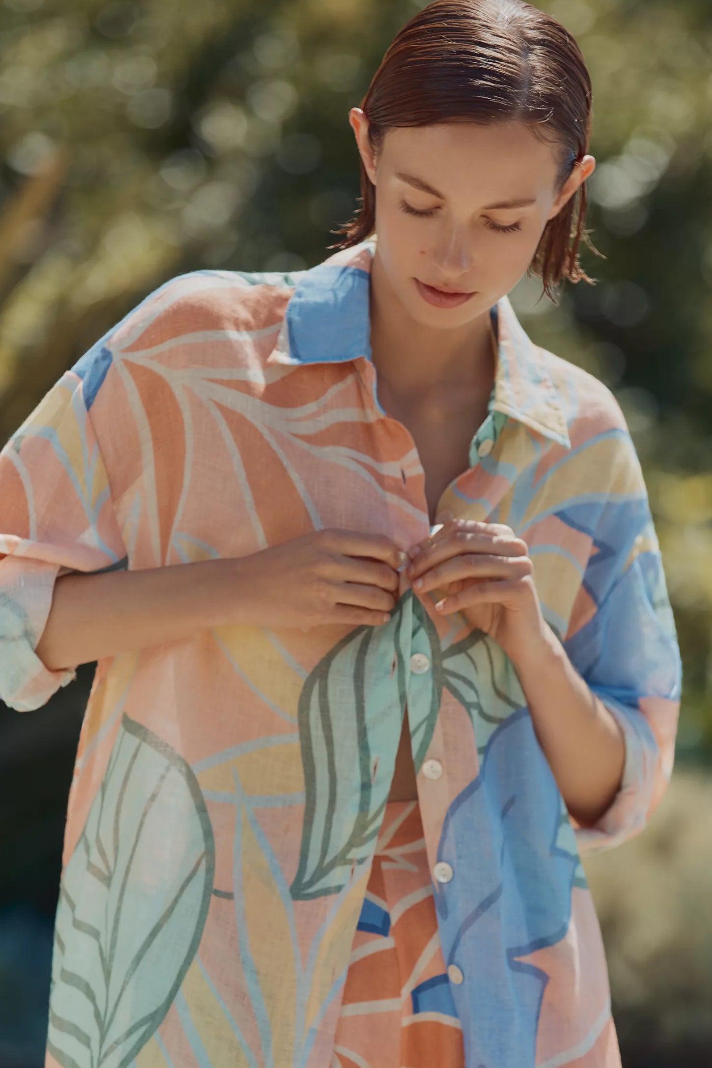 Bella Unique Linnen Blend Colorfull Print Long Sleeve Blouse and  Loose Shorts Set