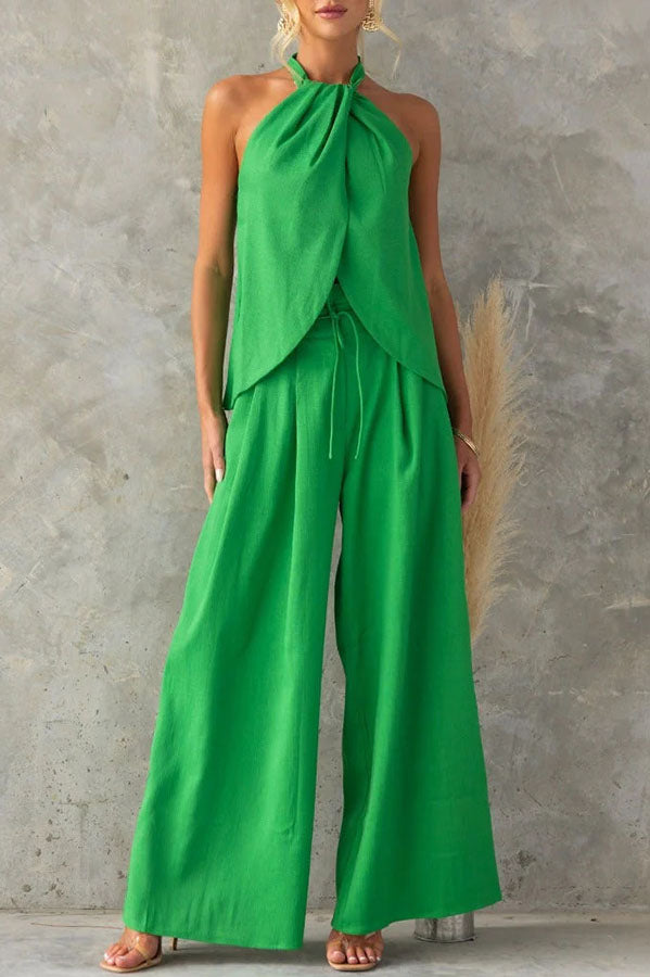Linnen Blend Slit Front Top and High Rise Knoted Pocket Wide Leg Pants Set