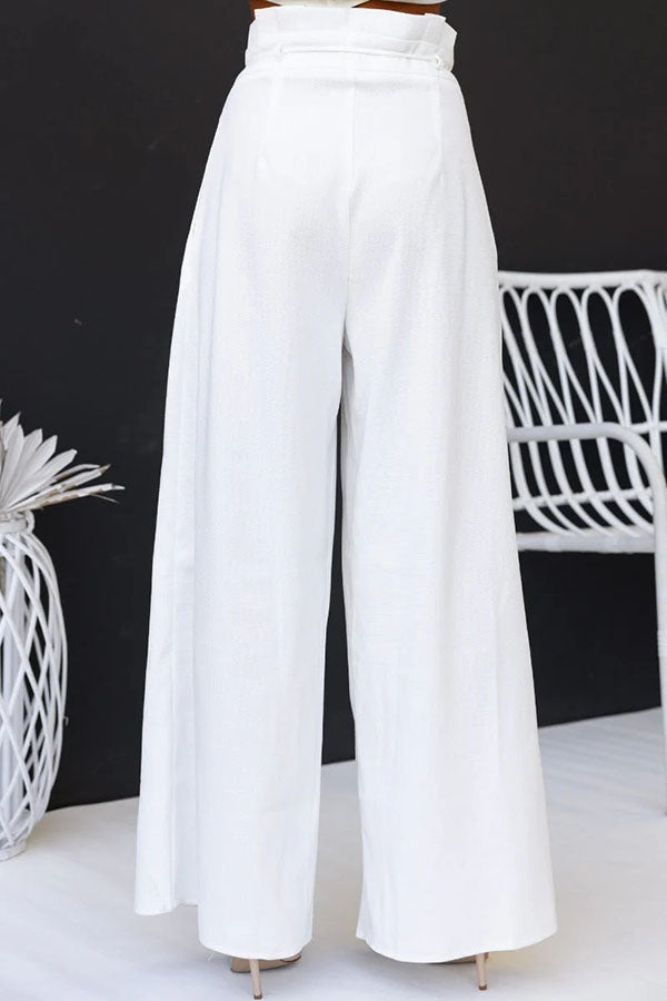 Linnen Blend Slit Front Top and High Rise Knoted Pocket Wide Leg Pants Set