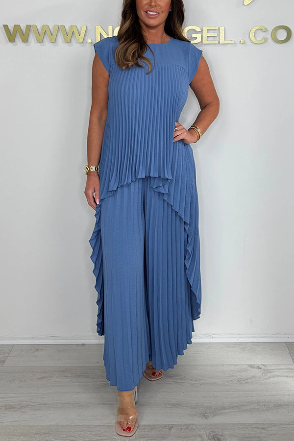 Laney Set: Pleated Short-Sleeve Asymmetrical Midi Top and Wide-Leg Pants with Elastic Waist