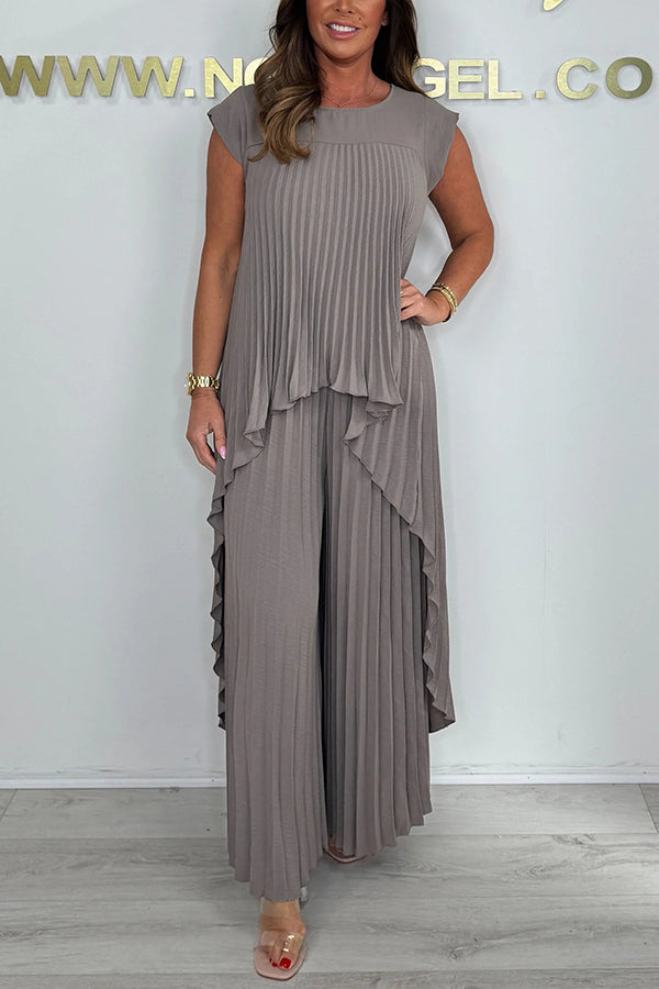 Laney Set: Pleated Short-Sleeve Asymmetrical Midi Top and Wide-Leg Pants with Elastic Waist
