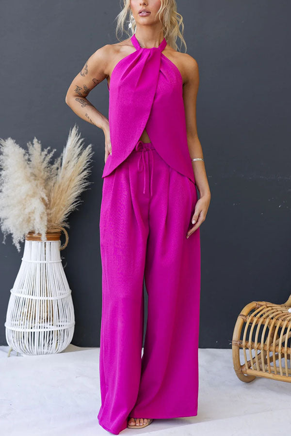 Linnen Blend Slit Front Top and High Rise Knoted Pocket Wide Leg Pants Set