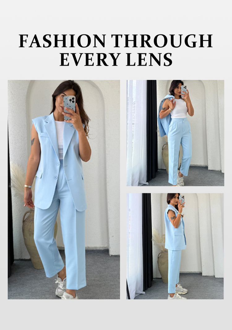 Women's Set with Sleeveless Blazer Vest and Wide-Leg Pants