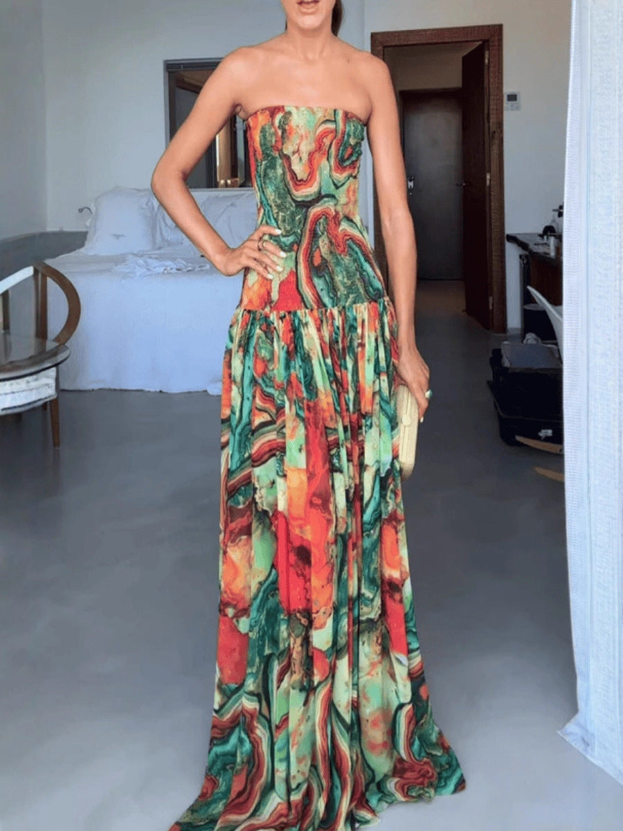 Colorful Lava Print Off Shoulder Smocked Scarf Maxi Dress