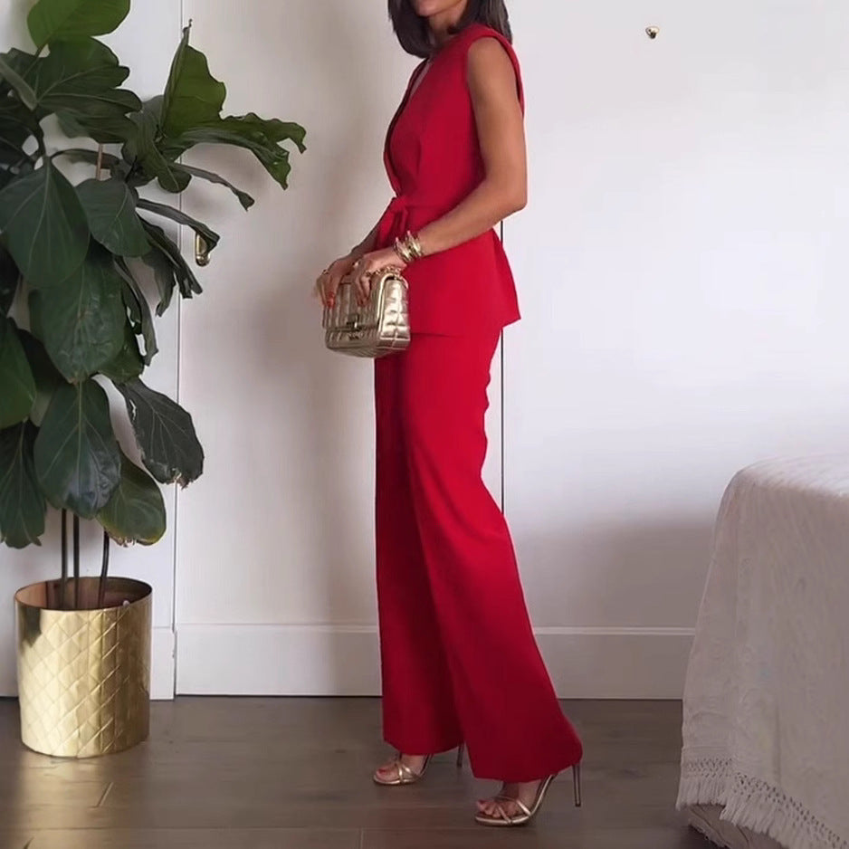 Classy V-neck Belted Vest and Mid Rise Pocket Wide Leg Pants Set