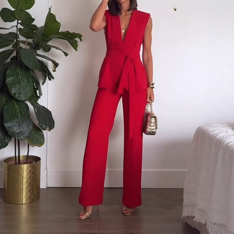 Classy V-neck Belted Vest and Mid Rise Pocket Wide Leg Pants Set