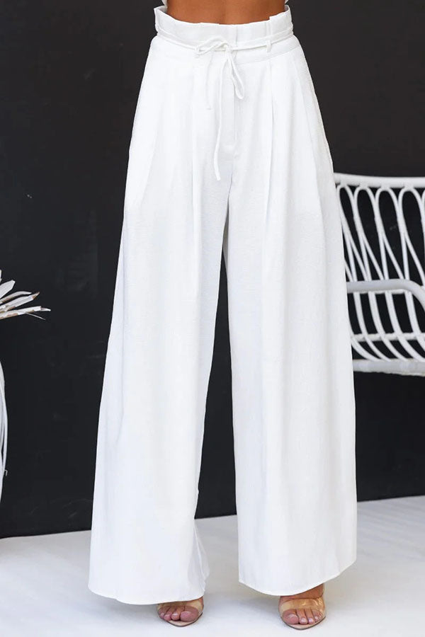 Linnen Blend Slit Front Top and High Rise Knoted Pocket Wide Leg Pants Set