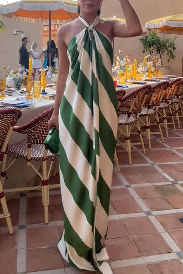Floating Stripe Print Halter Tie-up Backless Pocket Loose Maxi Dress