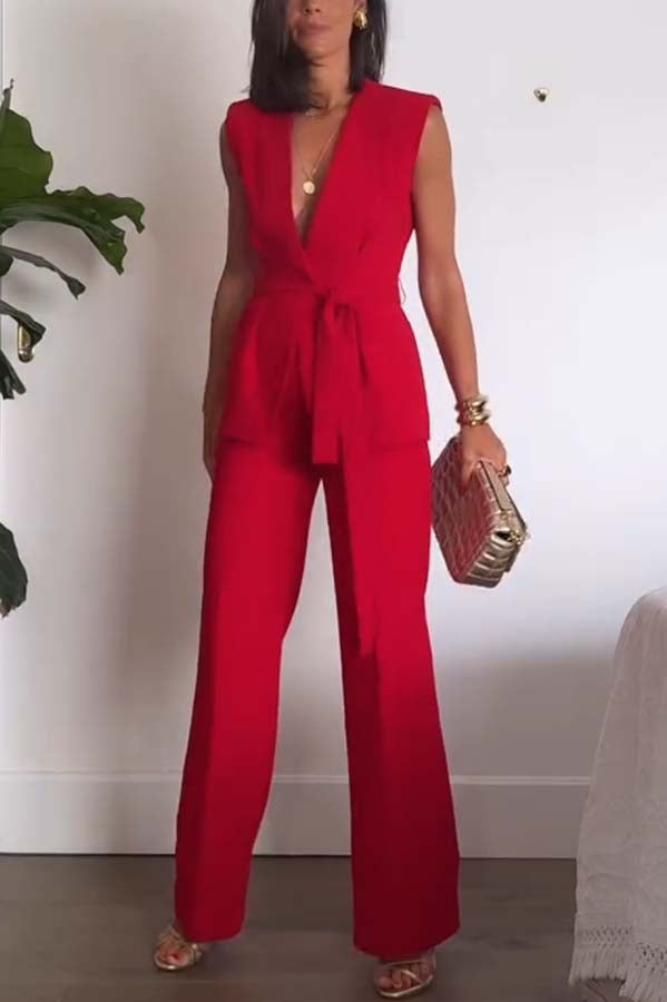 Classy V-neck Belted Vest and Mid Rise Pocket Wide Leg Pants Set