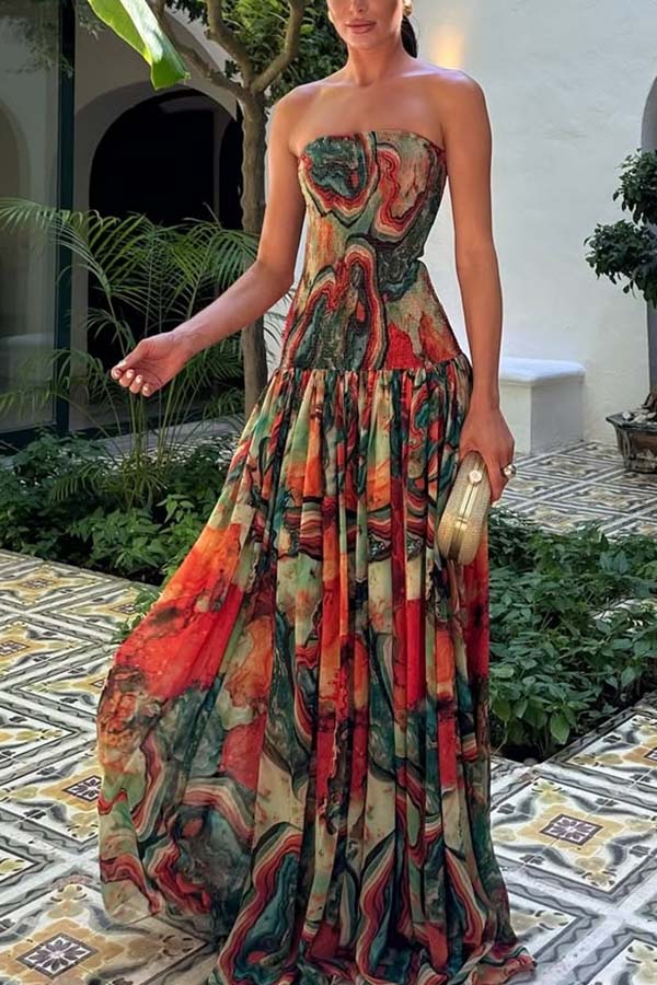 Colorful Lava Print Off Shoulder Smocked Scarf Maxi Dress