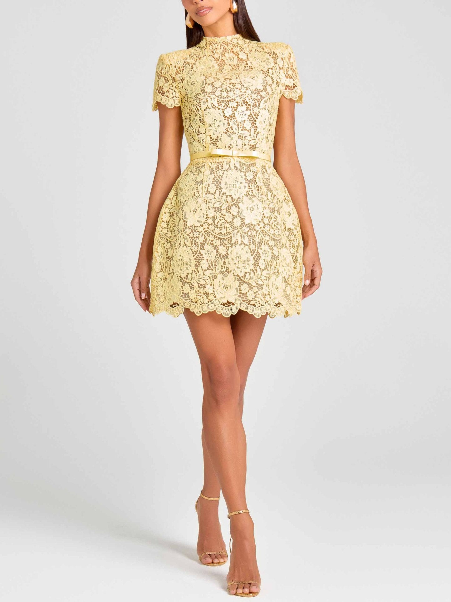 Champagne Toast Flower Lace Bow Belted Mini Dress