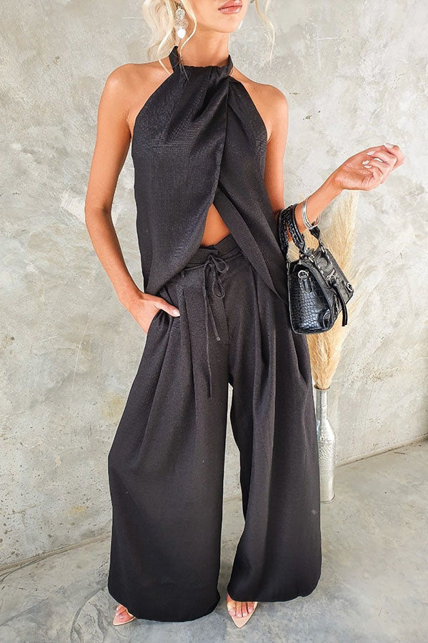 Linnen Blend Slit Front Top and High Rise Knoted Pocket Wide Leg Pants Set