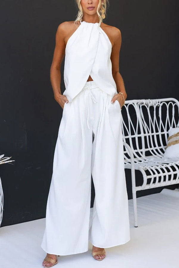 Linnen Blend Slit Front Top and High Rise Knoted Pocket Wide Leg Pants Set