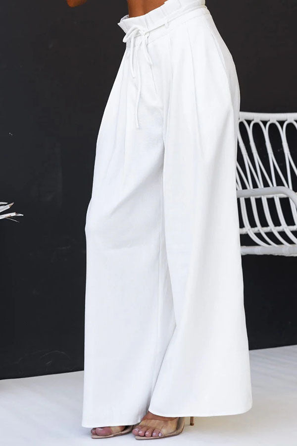 Linnen Blend Slit Front Top and High Rise Knoted Pocket Wide Leg Pants Set