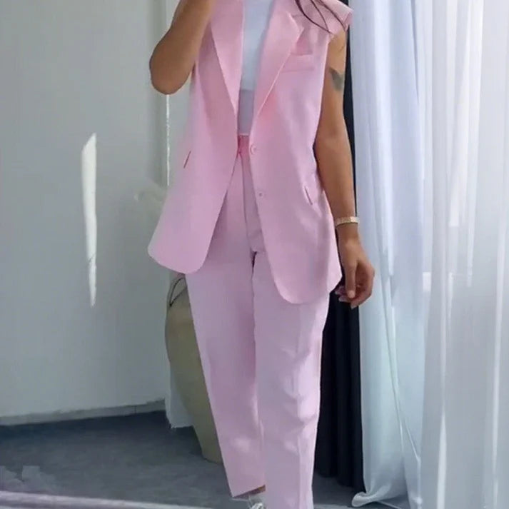 Women's Set with Sleeveless Blazer Vest and Wide-Leg Pants