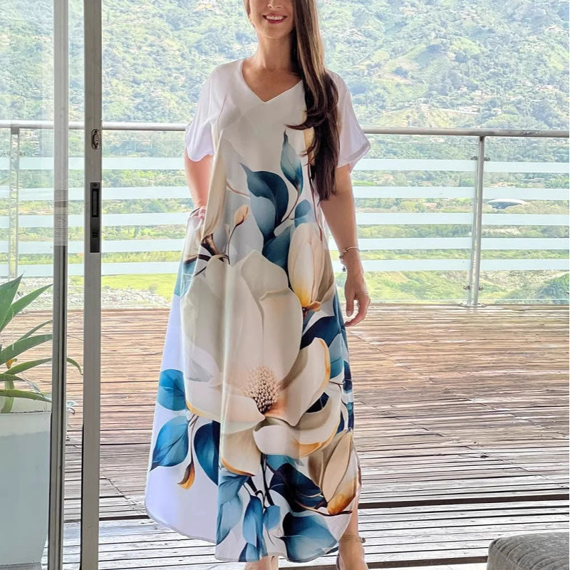 Women's Loose Casual V-Neck Printed Short Sleeve Dresses